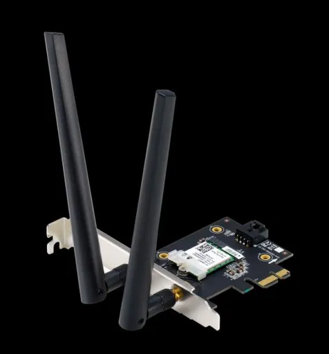 ASUS PCE-AXE5400, WiFi 6E PCI-E adaptér se 2 externími anténami. Podpora pásma 6 GHz, 160 MHz, Bluetooth 5.2