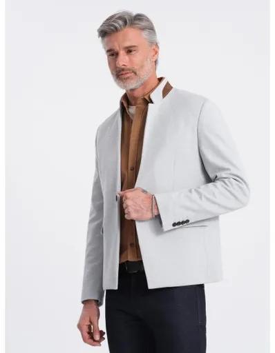 Pánské melanžové sako z melíru se stojáčkem - šedý melír V4 OM-BLZB-0131