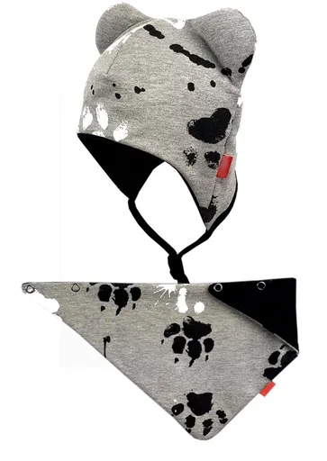 Bexa Dvouvrstvá čepice na zavazování s oušky + šátek - Tlapky, šedá, vel. 74/80