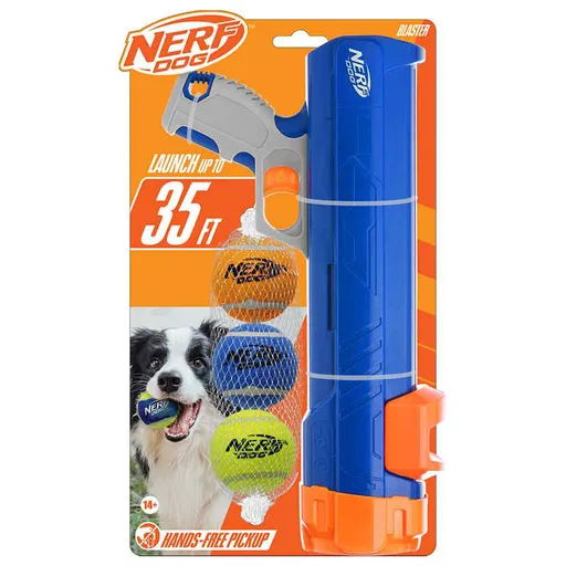 NERF DOG Hračka pro psy Blaster 30 cm bez klipu na míček + 3 ks pískacích tenisových míčků 5 cm