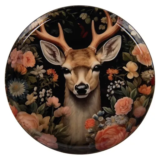 Černý kovový podtácek hlava Jelen s květy - Ø 11*1 cm 66423