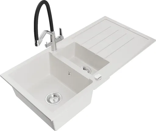 MEXEN/S Andres granitový dřez s odkapávačem včetně baterie Duo, bílá 6515-20-671701-07
