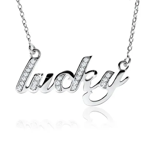 Náhrdelník ze stříbra 925, nápis "lucky" zdobený čirými kamínky