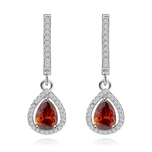 Náušnice ze stříbra 925, červený slzičkovitý zirkon, třpytivý obrys