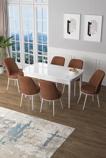 Extendable Dining Table & Chairs Set (7 Pieces) Zen - White, Tile Red