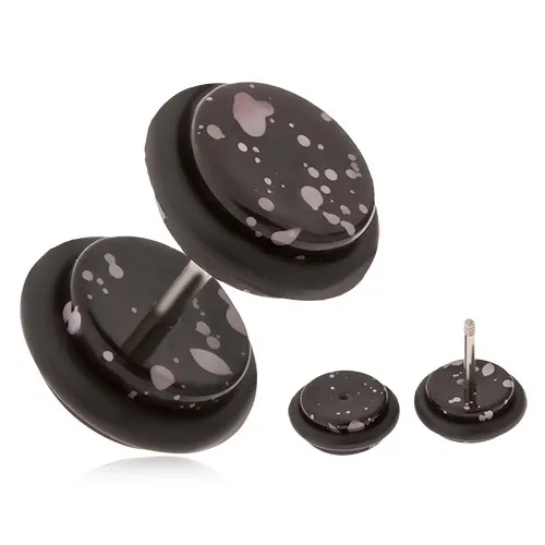 Falešný plug do ucha z černého akrylu, šedé kaňky
