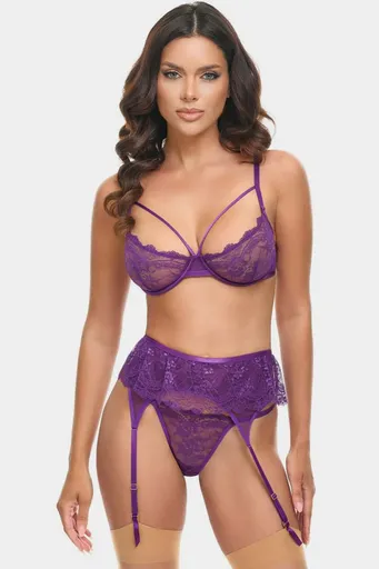 Fialový třídílný krajkový set Denise