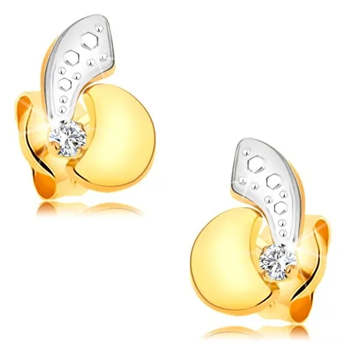 Náušnice ze 14K zlata - asymetrické dvoubarevné obloučky a blýskavý čirý diamant