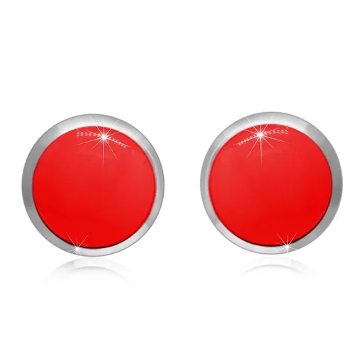 Stříbrné náušnice 925 - červená glazura v kulaté objímce, puzetky