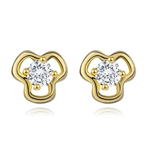 Diamantové náušnice ze žlutého 14K zlata - kulatý čirý briliant v kontuře trojlístku