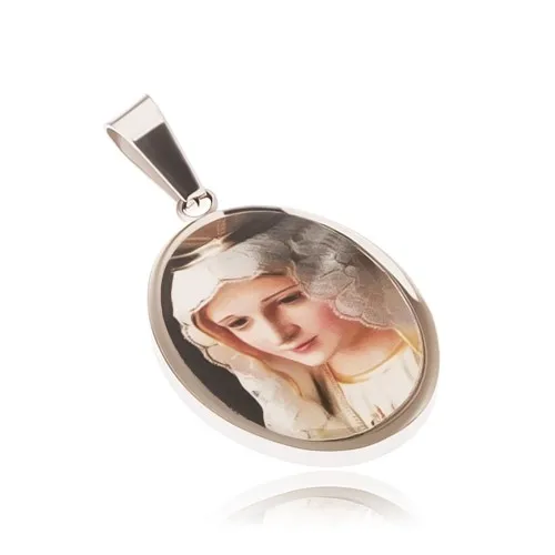 Oválný ocelový medailon, obrázek madony zalitý glazurou