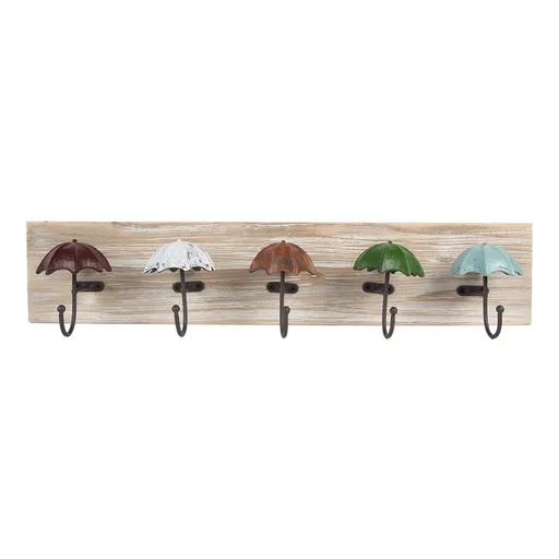 Dřevěný nástěnný věšák s 5ti háčky s deštníky Umbrella - 60*10*12 cm Clayre & Eef