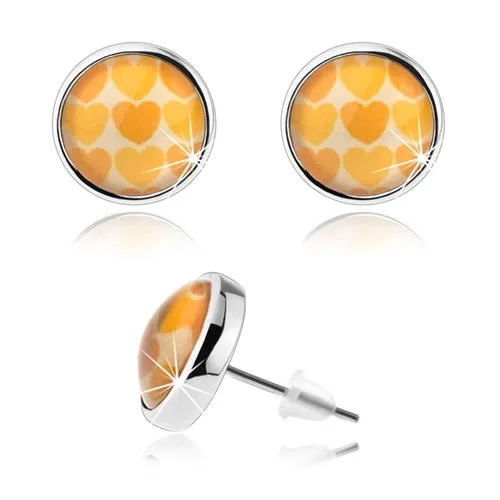 Náušnice cabochon, vypouklé čiré sklo, žlutá a oranžová srdíčka