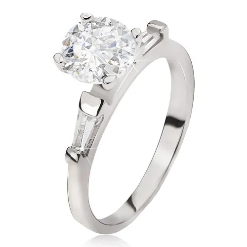 Stříbrný prsten 925 - velký čirý kulatý zirkon, lichoběžníkové kamínky - Velikost: 53