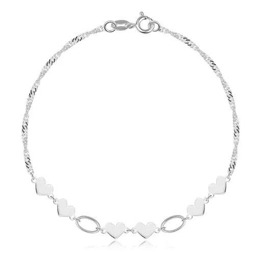 Náramek ze stříbra 925 - plochá zrcadlově lesklá srdce, oválná očka