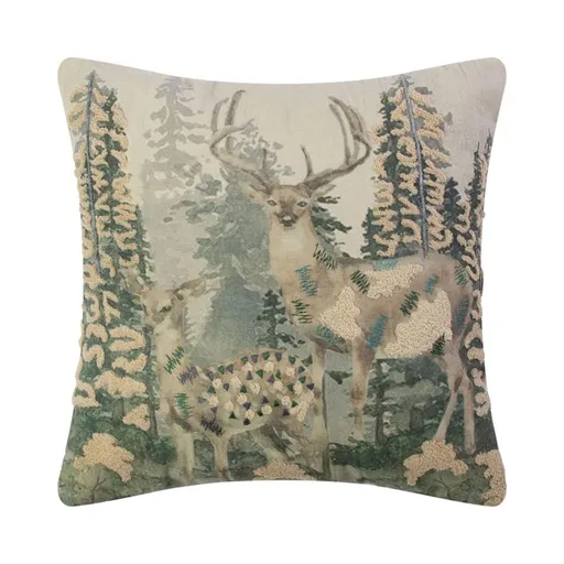 Béžový plátěný polštář jelen s vyšitými aplikacemi Deer Forest - 45*45 cm Mars & More