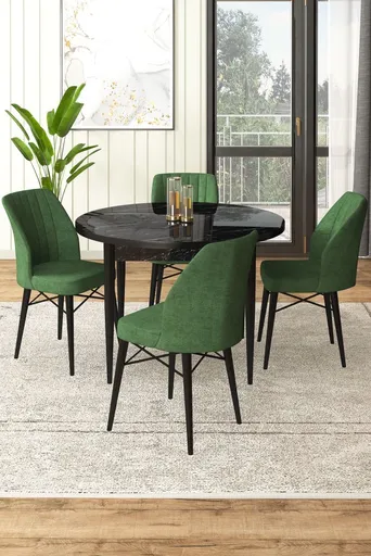Dining Table & Chairs Set (5 Pieces) Rox - Black Marble, Khaki