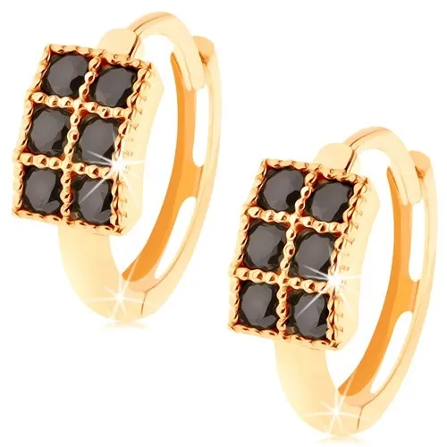 Zlaté náušnice 14K kruhy s obdélníkem a šesti černými zirkony