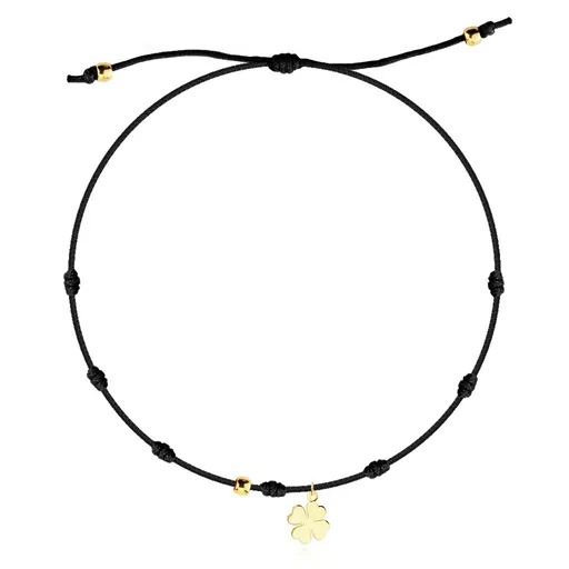 Nastavitelný náramek se zlatým přívěskem 585 - čtyřlístek, černá šňůrka