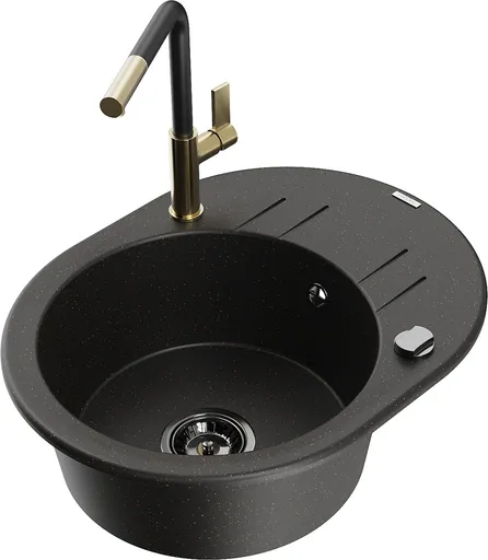 MEXEN/S Kevin granitový dřez 1-miska s odkapávačem včetně baterie Flora, černá/zlatá metalik 6517-75-670401-57-B