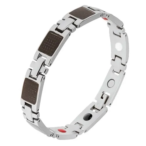 Magnetický náramek z oceli, články stříbrné barvy, černý pletený vzor