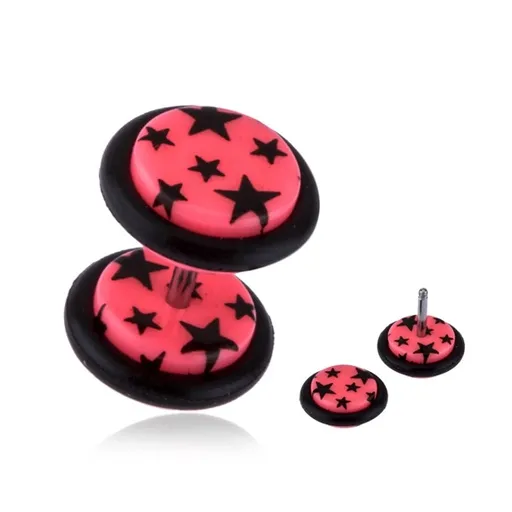 Fake plug do ucha z akrylu - černé hvězdy, růžový podklad