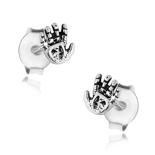 Náušnice ze stříbra 925, patinovaná ruka s drobnými zářezy, puzetky