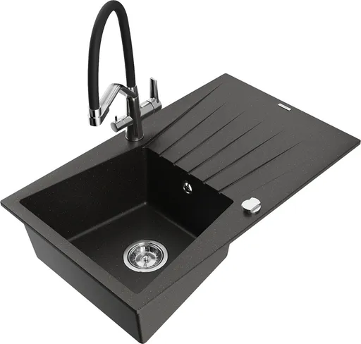 MEXEN/S Cesar granitový dřez s odkapávačem včetně baterie Duo, černá/zlatá metalik 6514-73-671701-70-B 6514-75-671701-07