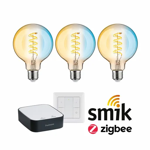 PAULMANN Startovací sada Zigbee 3.0 Smart Home smik Gateway + LED žárovka Filament G95 měnitelná bílá + vypínač