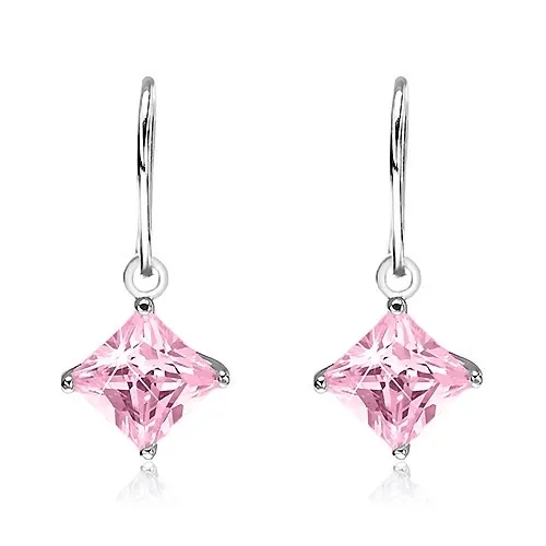 Náušnice ze stříbra 925 - růžový kosočtvercový zirkon v kotlíku, 7 mm