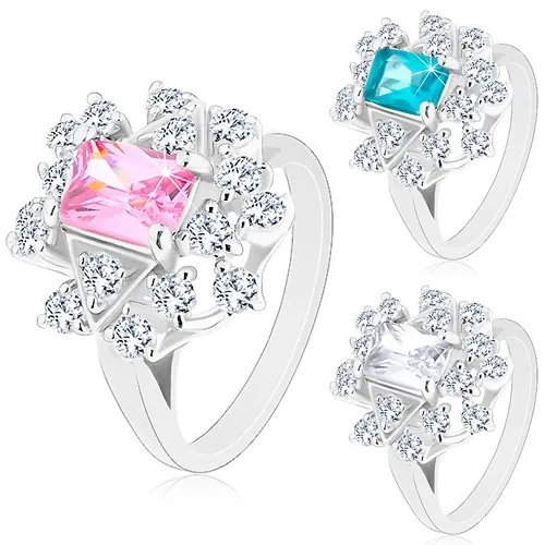 Prsten ve stříbrném odstínu, zirkonový obdélník lemovaný čirými zirkony - Velikost: 49, Barva: Čirá