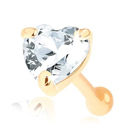 Piercing do nosu ze zlata 585, rovný - čiré zirkonové srdíčko