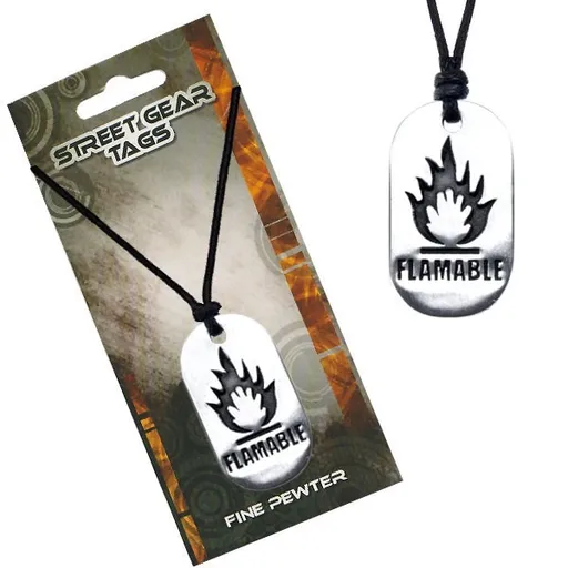 Černý náhrdelník, kovová lesklá známka, symbol hořlaviny