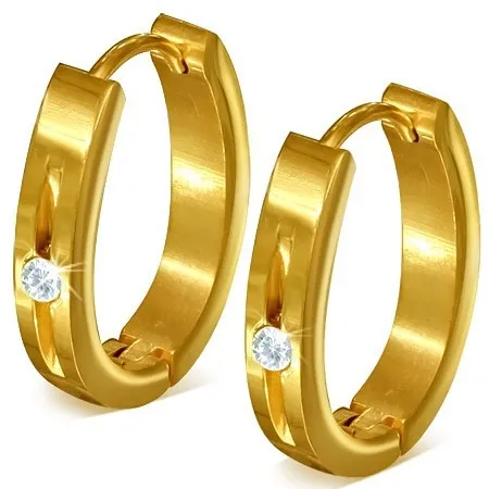 Náušnice z oceli - lesklé podkůvky zlaté barvy, zářez se zirkonem