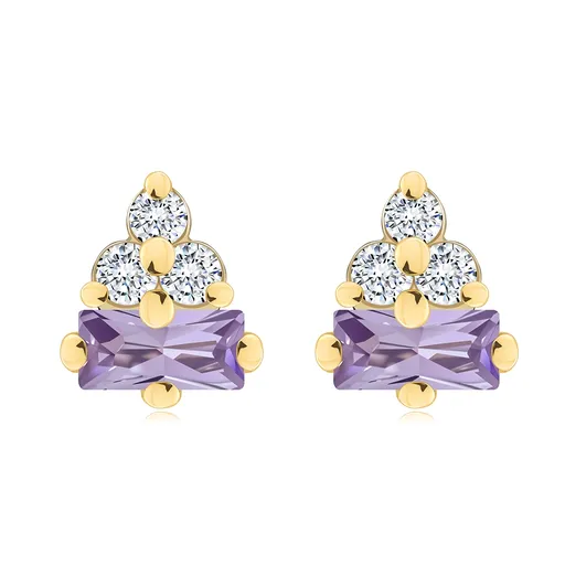 Náušnice ze 14K zlata s fialovým zirkonem a třemi čirými zirkony