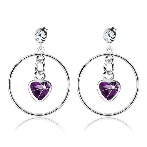 Náušnice ze stříbra 925, fialové zirkonové srdíčko, tenký kroužek