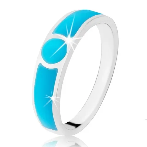 Stříbrný prsten 925, dva pásy a kruh v tyrkysovém odstínu, hladký lesklý povrch - Velikost: 53
