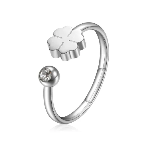 S'Agapõ Blyštivý ocelový prsten Čtyřlístek s krystalem Click SCK87