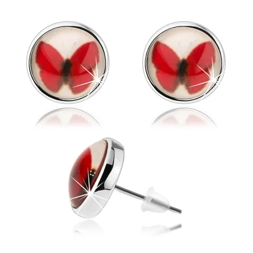 Puzetové kabošon náušnice, kruh s glazurou, červený motýlek, bílé pozadí