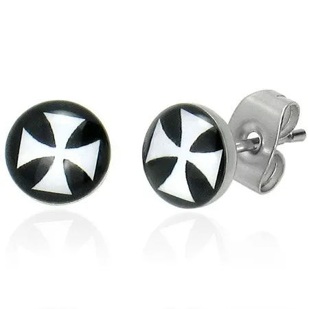 Puzetové náušnice z oceli, glazura, bílý maltézský kříž na černém pozadí