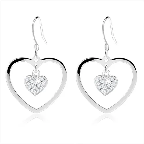 Náušnice ze stříbra 925, obrys srdce s menším zirkonovým srdíčkem