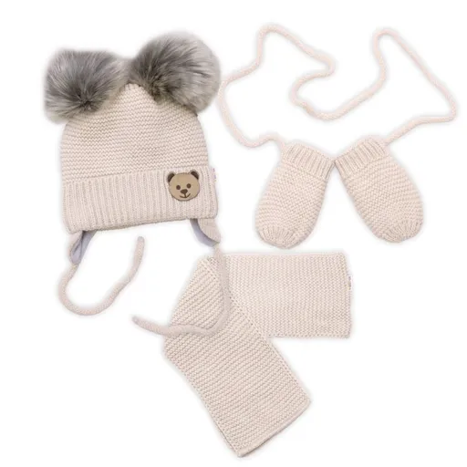 Baby Nellys Dětská sada, zimní čepice s šálou + rukavičky 3D, Teddy Bear - béžová
