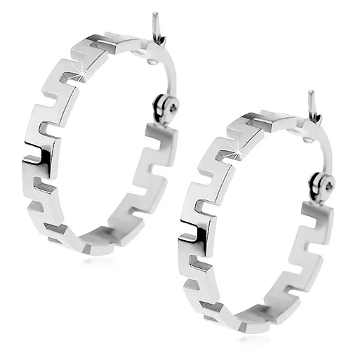 Ocelové náušnice stříbrné barvy, kruhy se vzorem řeckého klíče