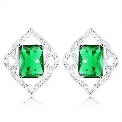 Náušnice ze stříbra 925 - zelený zirkonový obdélník, čirý obrys listů, puzetky