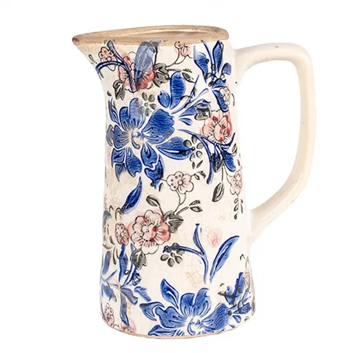 Béžový keramický dekorační džbán s modrými květy Marsia M - 16*11*20 cm 6CE1923M