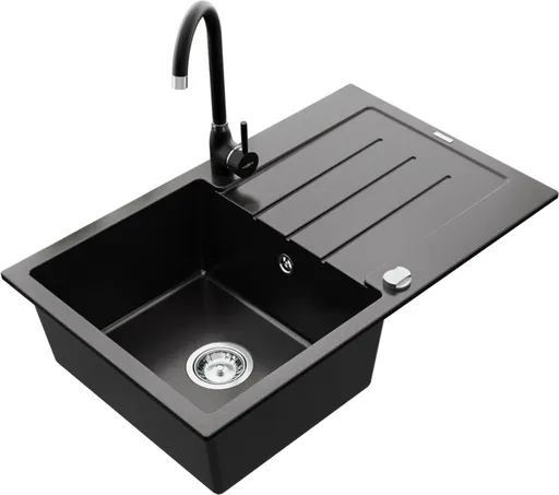 MEXEN/S Bruno granitový dřez 1 s odkapávačem včetně baterie Telma, černá 6513-77-670200-70