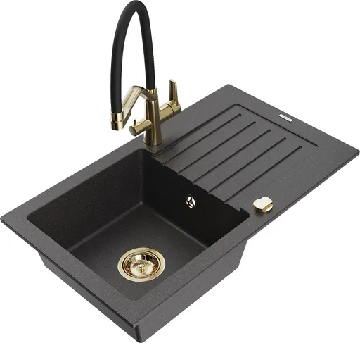 MEXEN/S Pablo granitový dřez s odkapávačem včetně baterie Duo, černá kropenatá 6510-76-671701-57-G