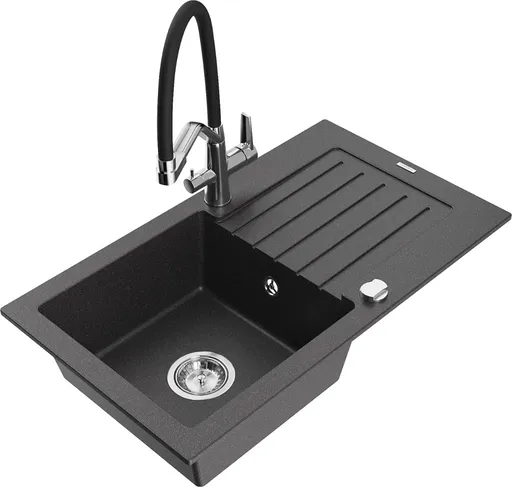 MEXEN/S Pablo granitový dřez s odkapávačem včetně baterie Duo, černá kropenatá 6510-76-671701-07