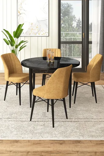 Dining Table & Chairs Set (5 Pieces) Rox - Black Marble, Cappuccino