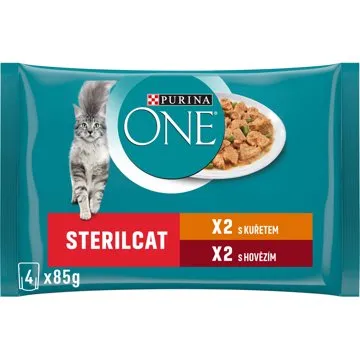 Purina ONE Sterilcat minifiletky s kuřetem a zelenými fazolkami, s hovězím a mrkví ve šťávě 4 × 85 g (7613287367327)